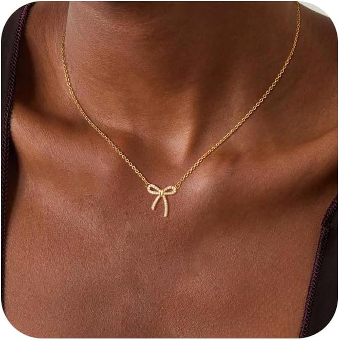 Risamil Store 14K Gold Plated Necklace for Women - Bow Necklace - Dainty Necklace Cute Small Tiny Bow Pendant Choker Chain Necklace Trendy Necklaces for Women Jewelry Gift - Image 1